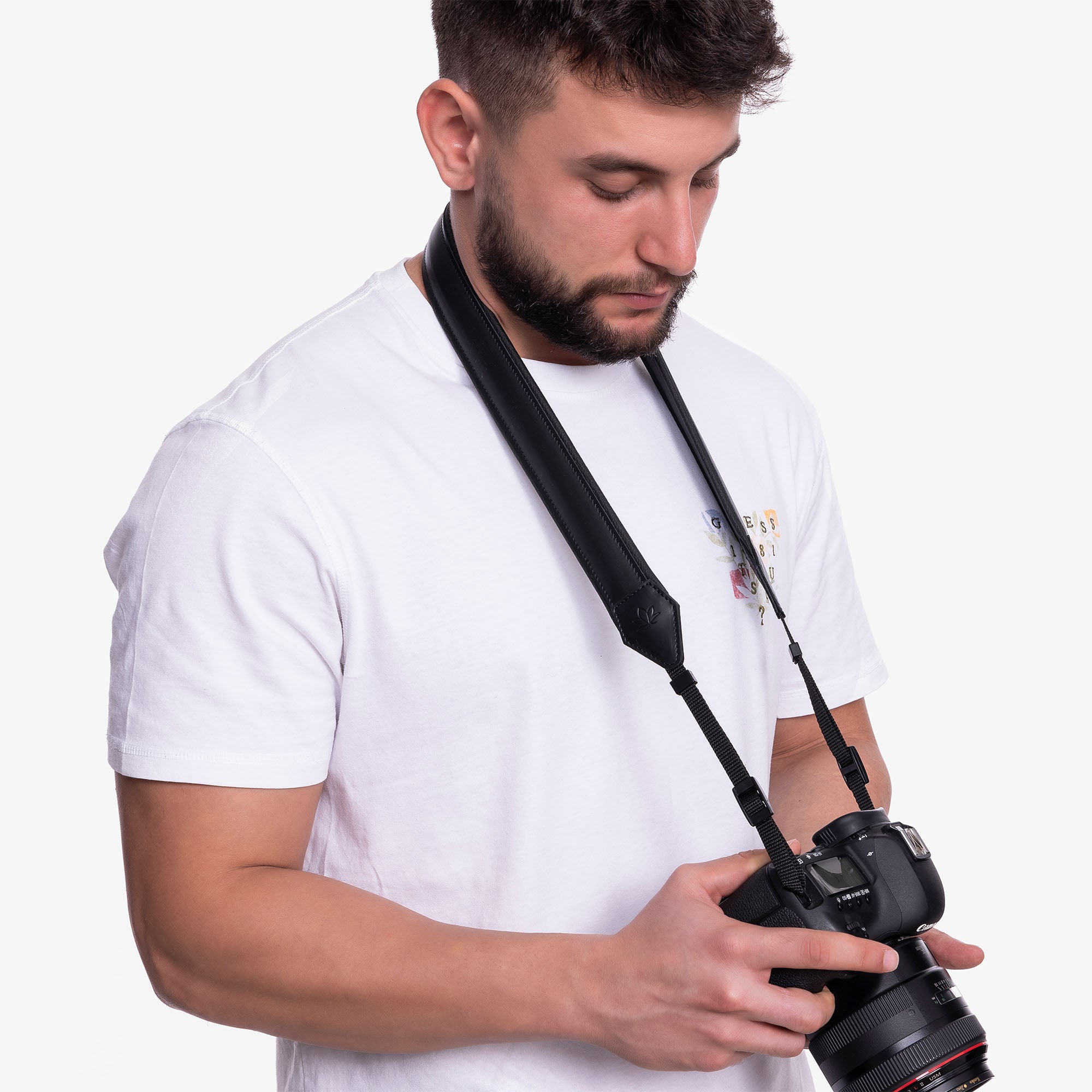 Model using Black Personalized Padded Leather Camera Strap #color_black