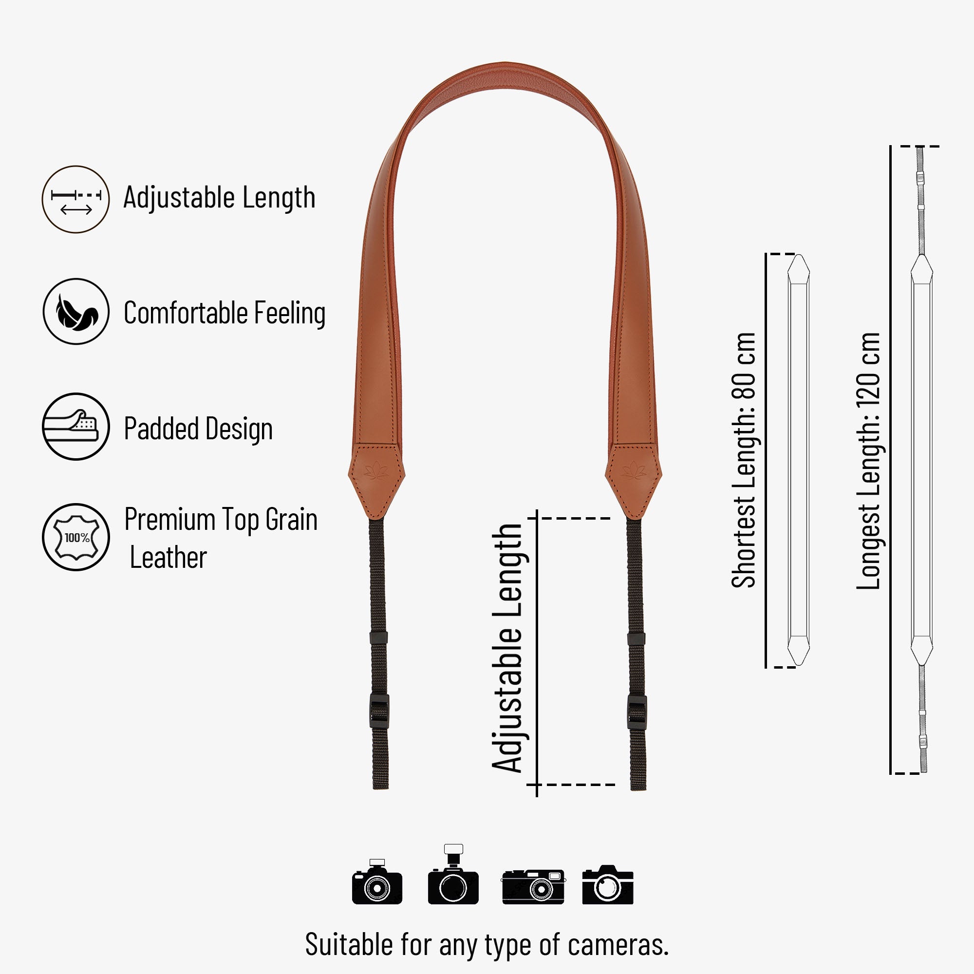 Brown Personalized Leather Camera Strap With Comfortable padded and adjustable design 