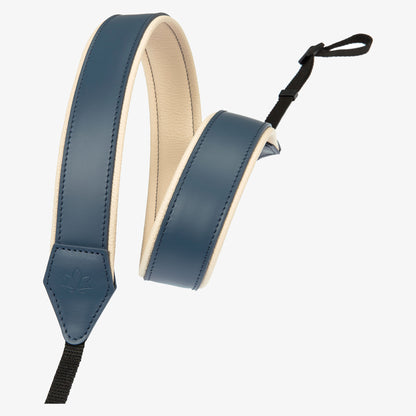 Blue Personalized Leather Camera Strap With Comfortable padded and adjustable design 