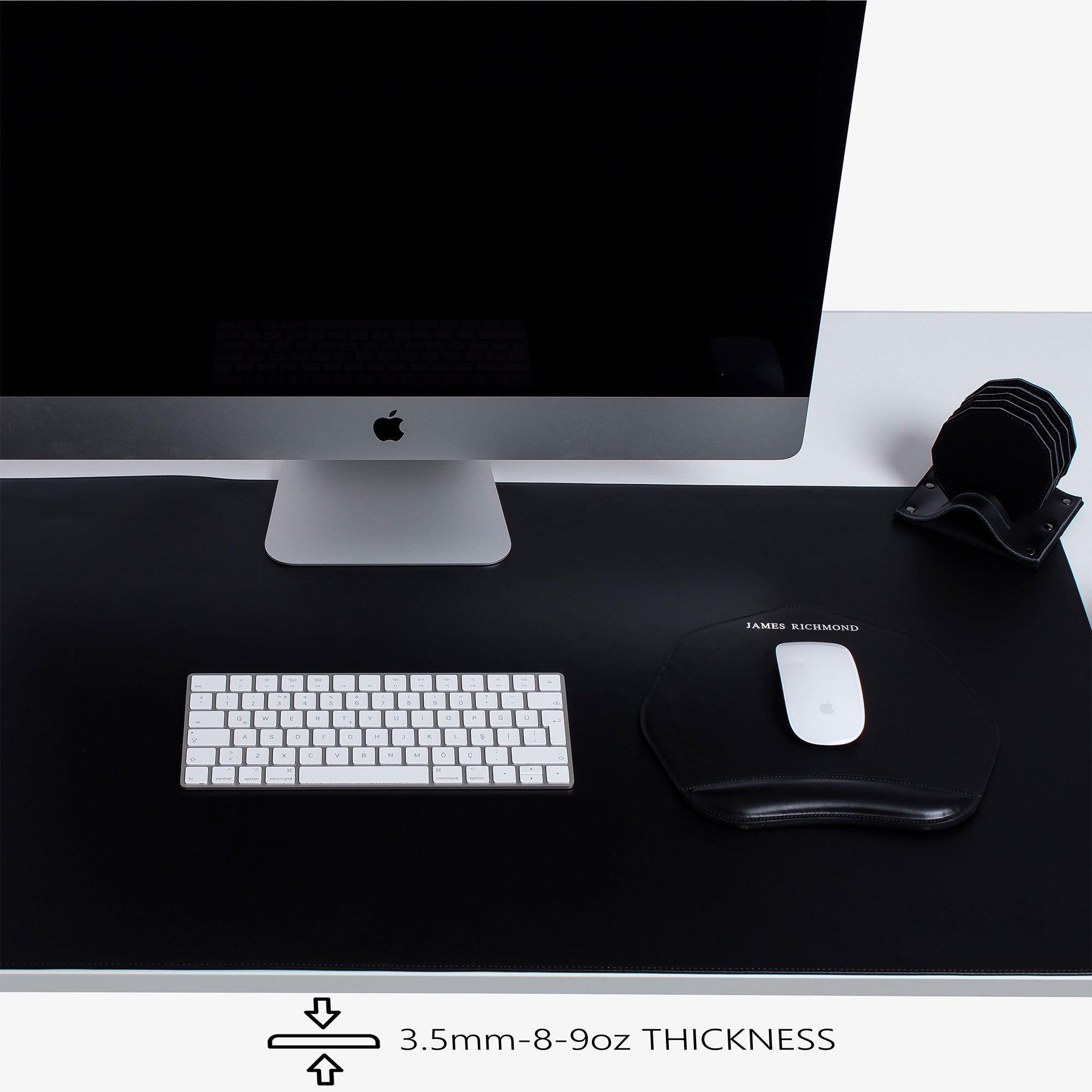 Black Leather desk mat on the desk #color_black