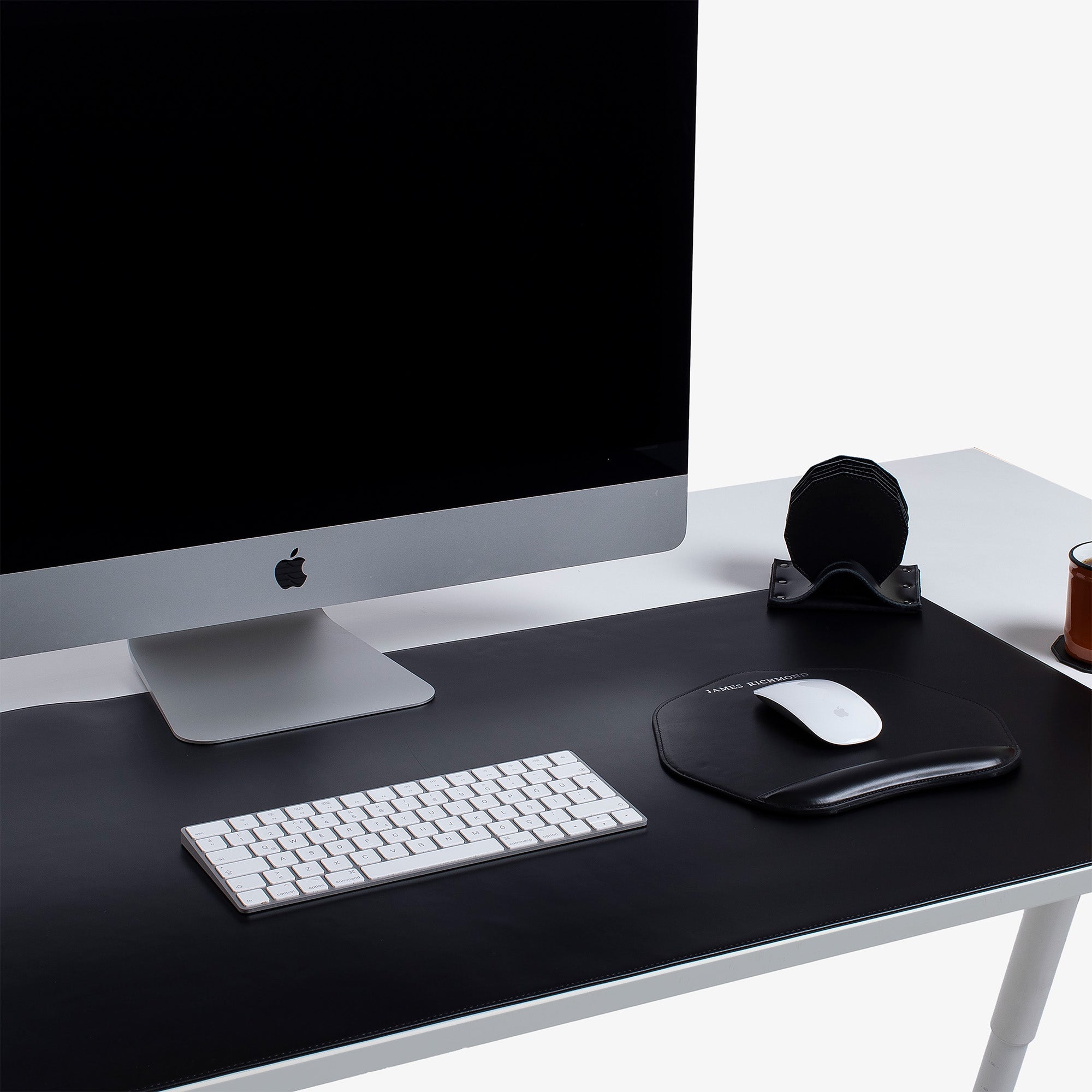 Black Leather desk organizer on the desk #color_black