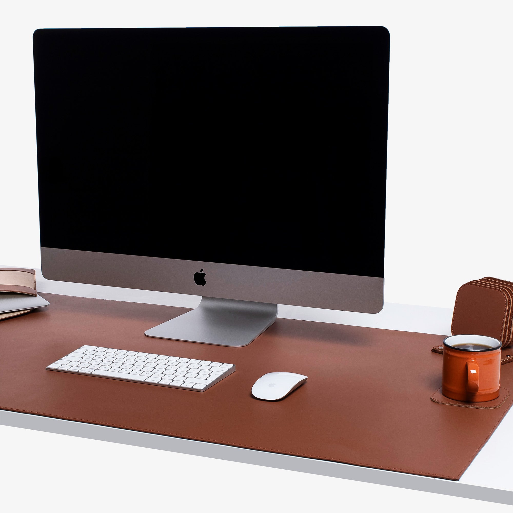 Borwn Leather desk mat with mac #color_chesntut