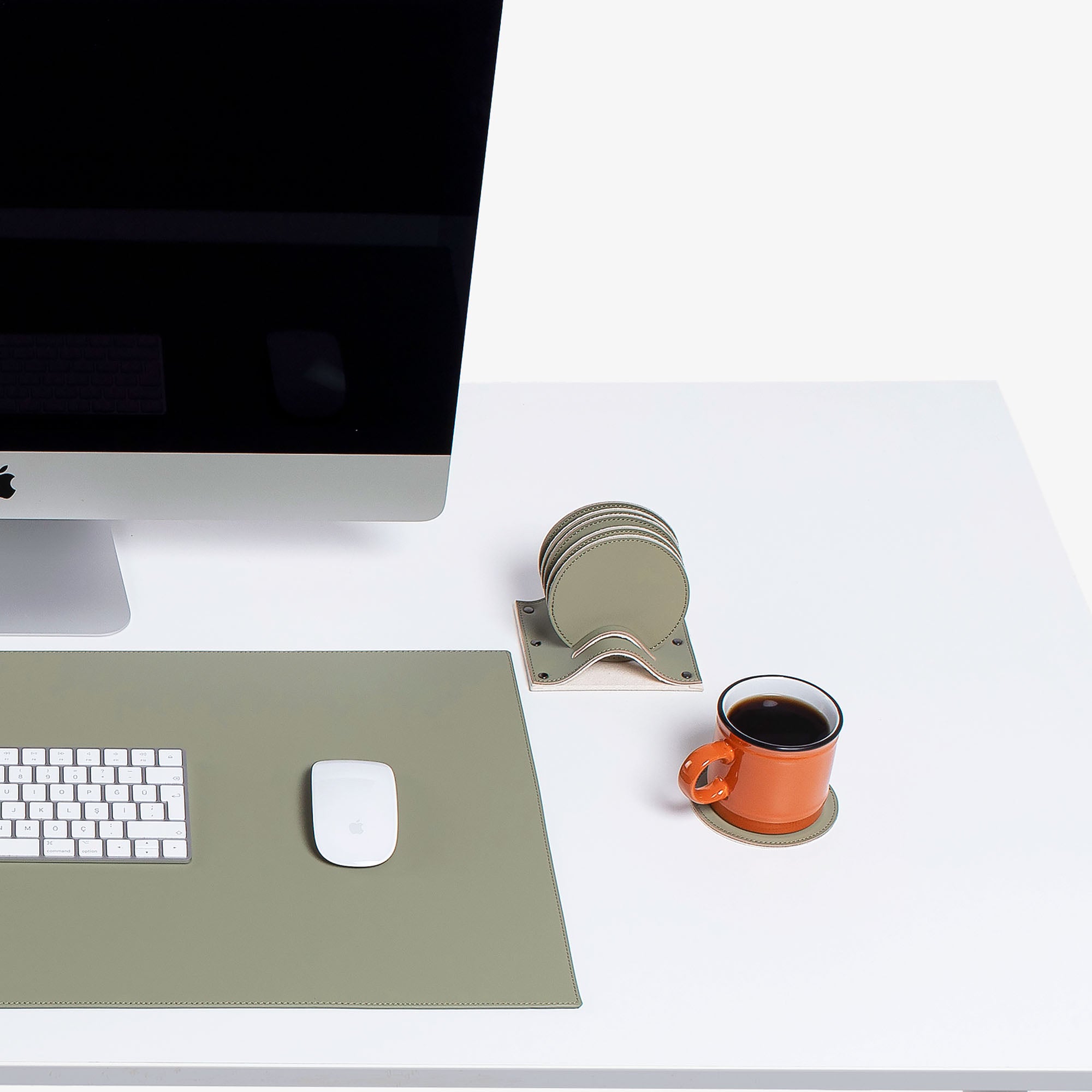 Green  Leather desk mat on the desk  #color_sage-green