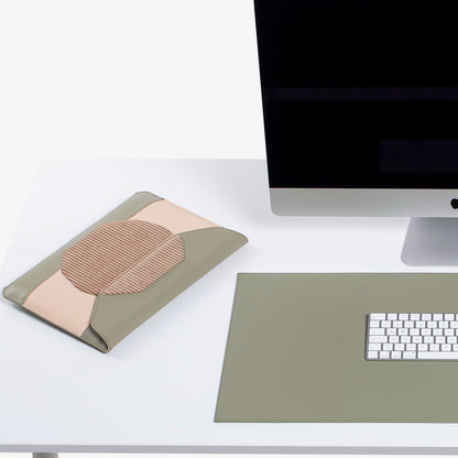 Green  Leather desk mat on the desk  