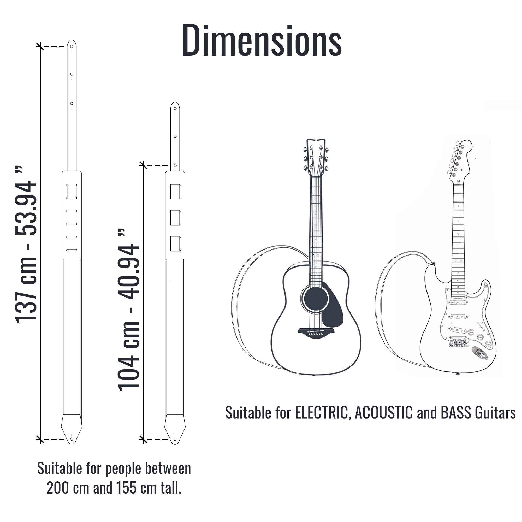 Blue Padded Leather guitar strap dimensions chart 