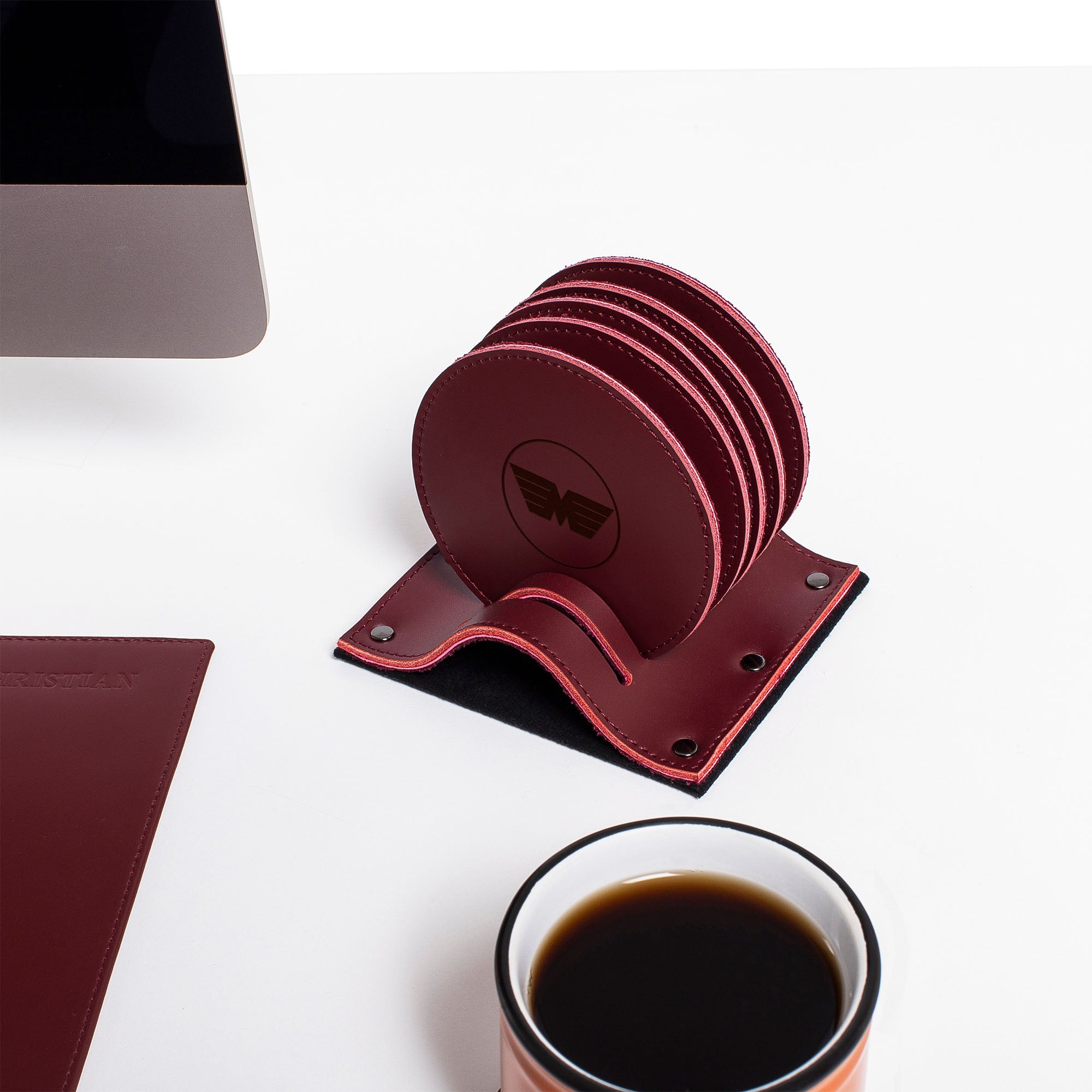 Personalized Red Leather 6 pieces coaster set under cup #color_burgundy