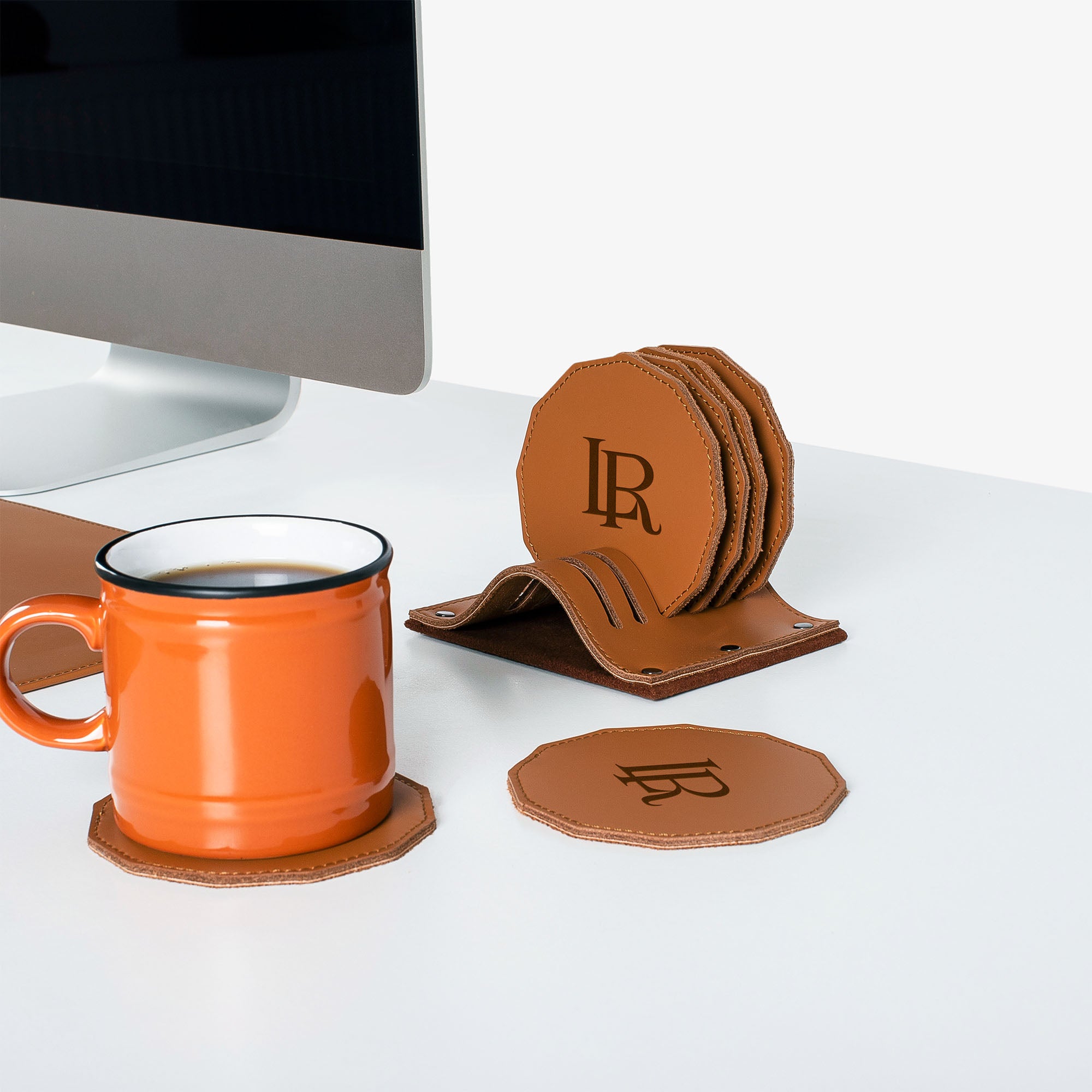 Personalized Brown Leather 6 pieces coaster set custom logo for corporate office 