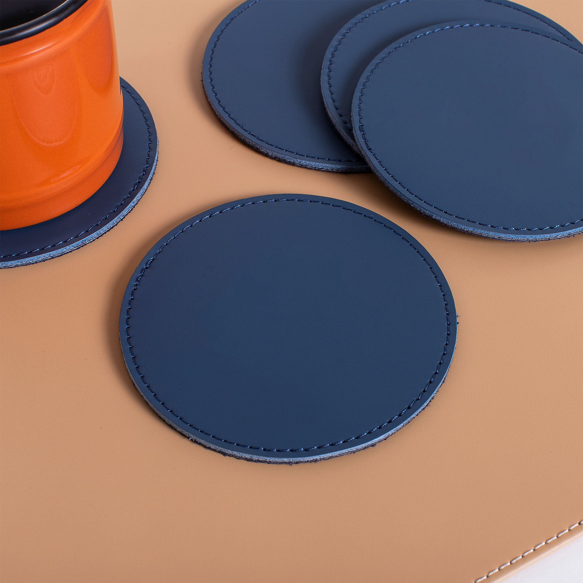 Personalized blue Leather 6 pieces coaster set custom logo for home office  #color_ocean-blue