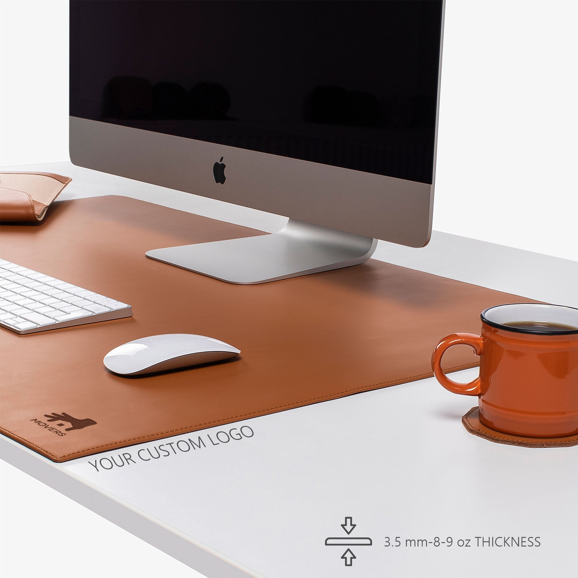 Custom logo Brown Leather desk mat on the desk #color_cognac