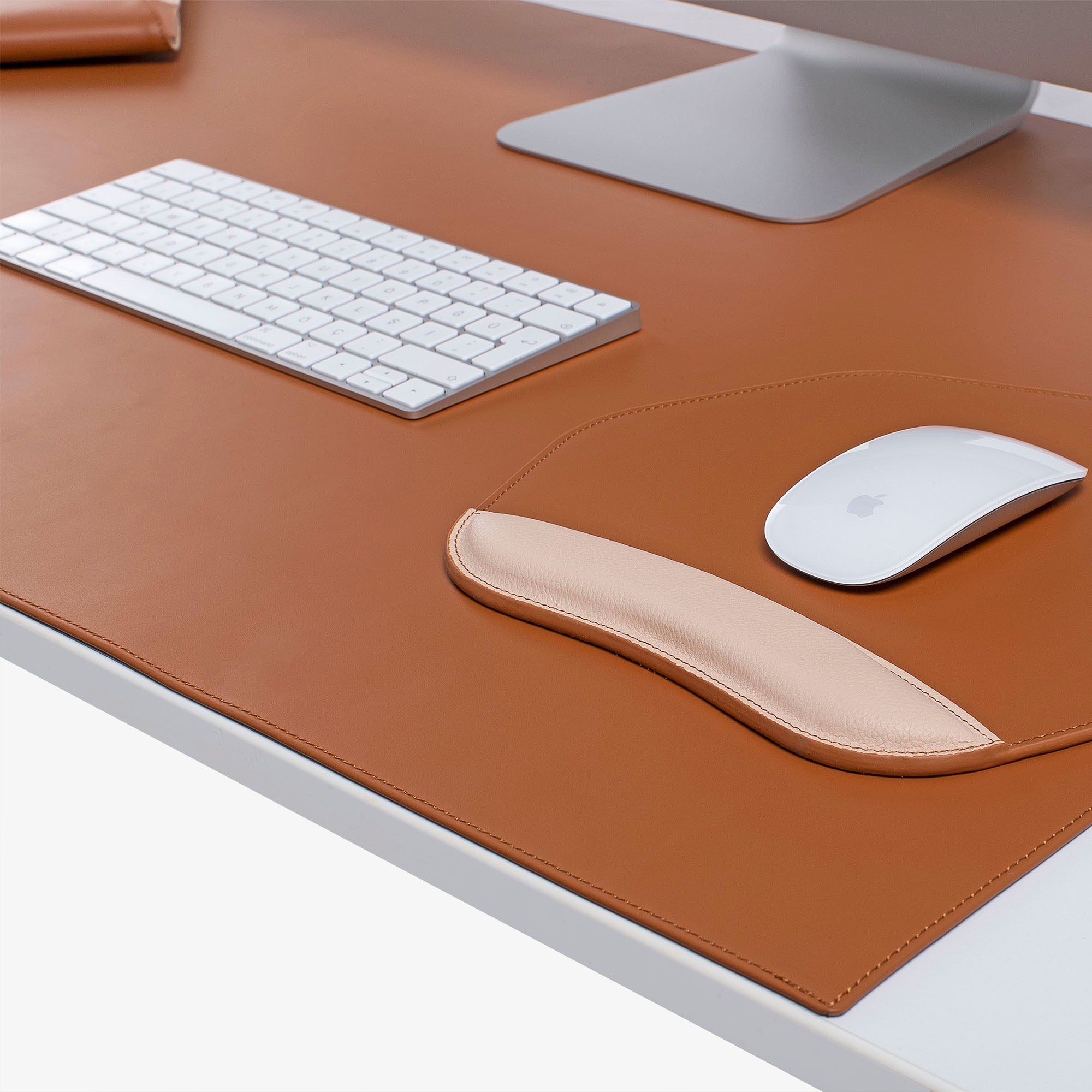 Brown Leather desk mat on the desk #color_cognac