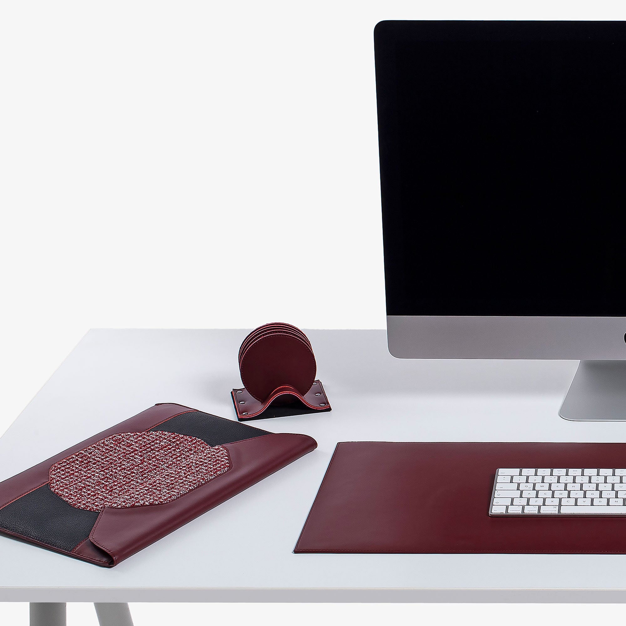 Red Leather desk mat on the desk   