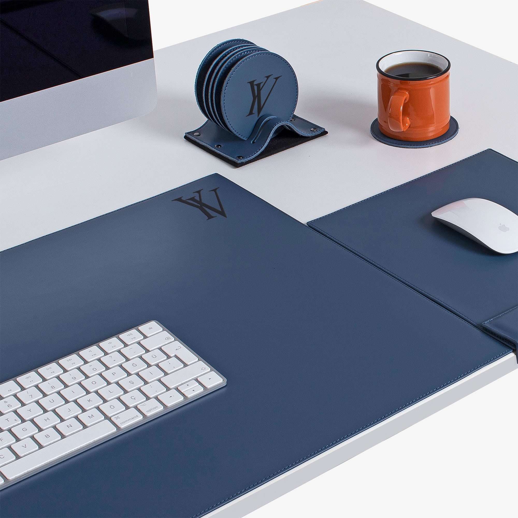 blue Leather desk mat on the desk  