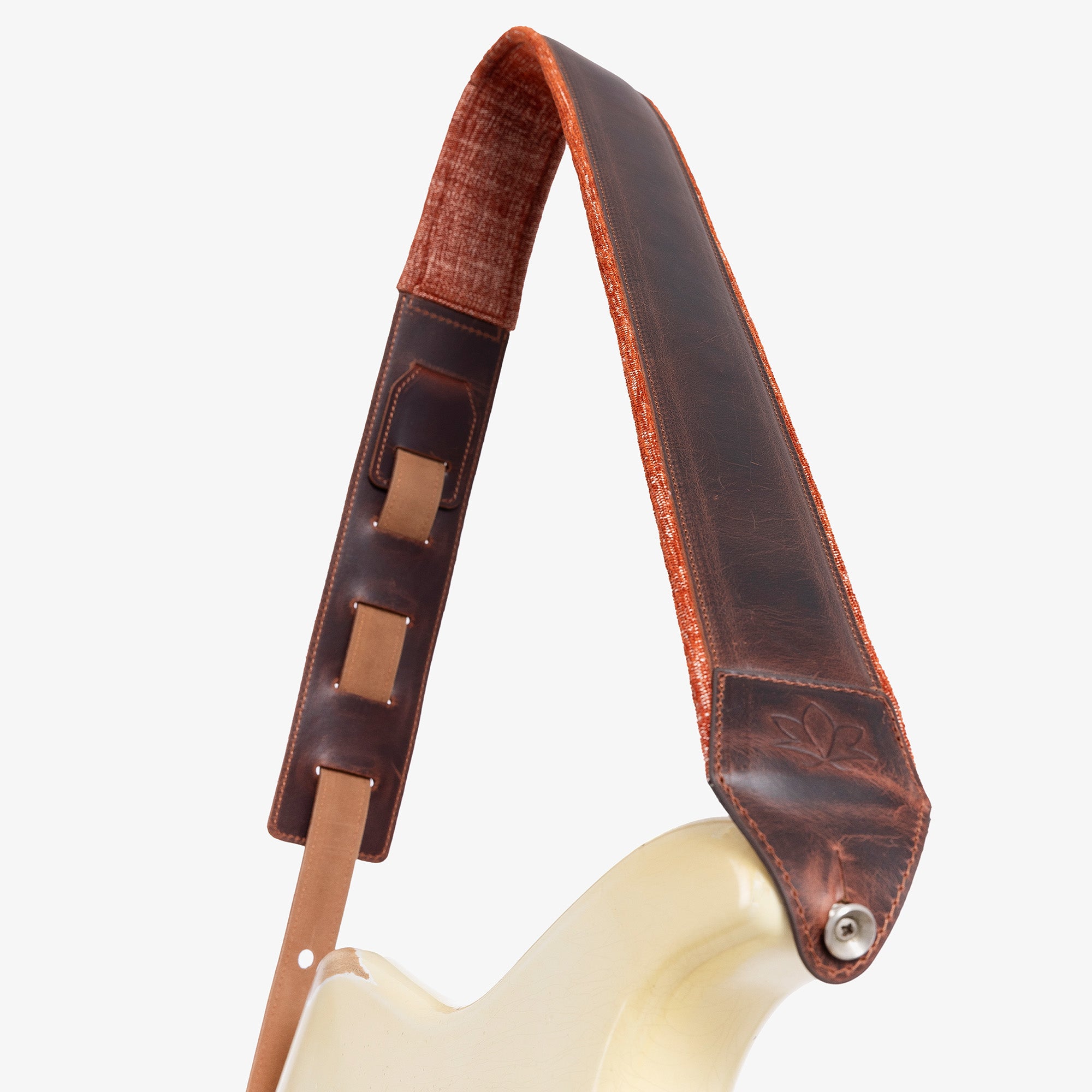 Brown Padded Leather guitar strap with guitar 