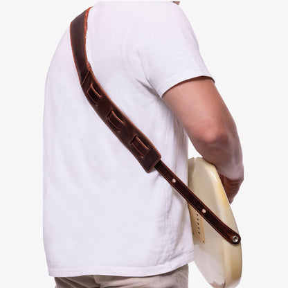 Brown Padded Leather guitar strap on model 