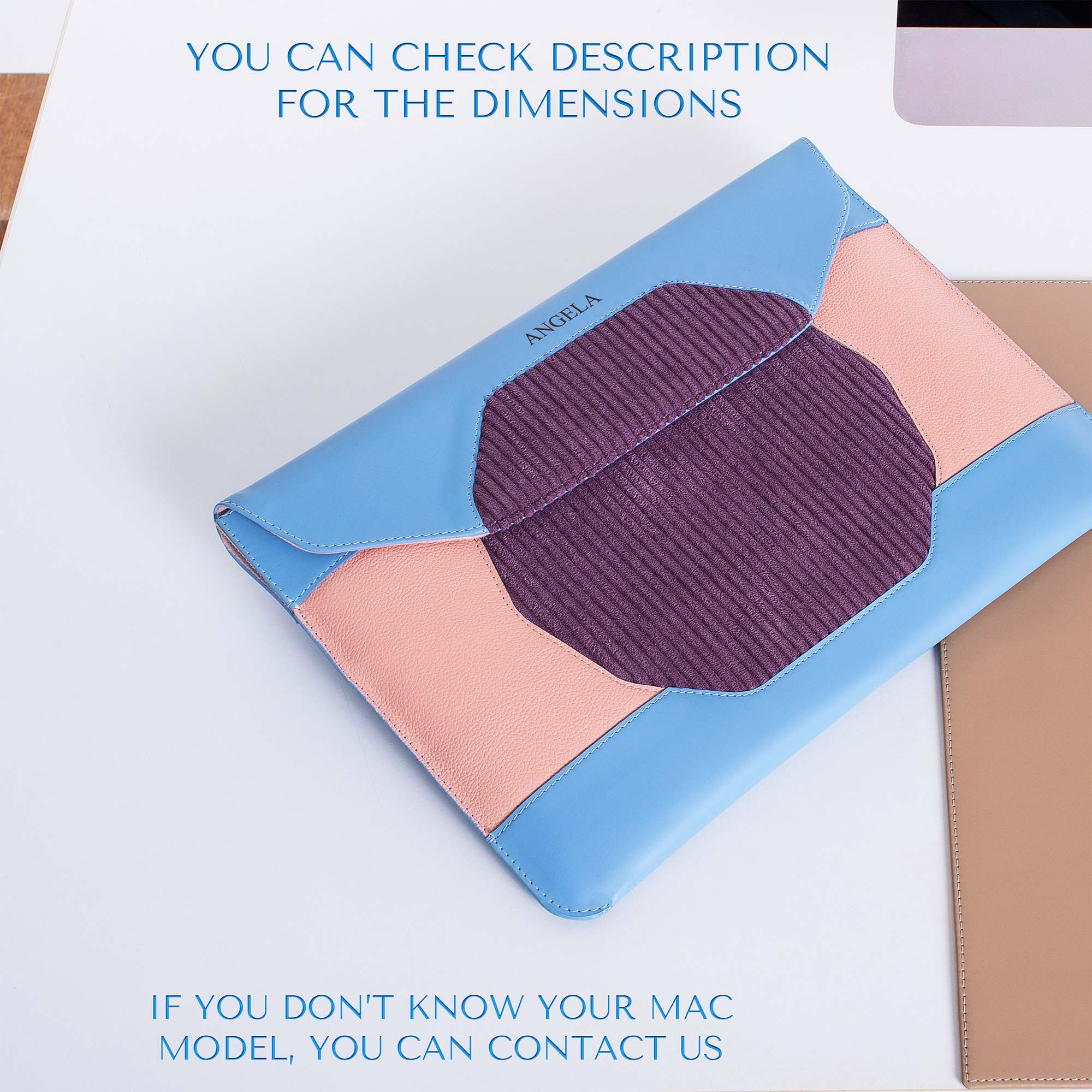 Custom blue leather MacBook sleeve with padded design  