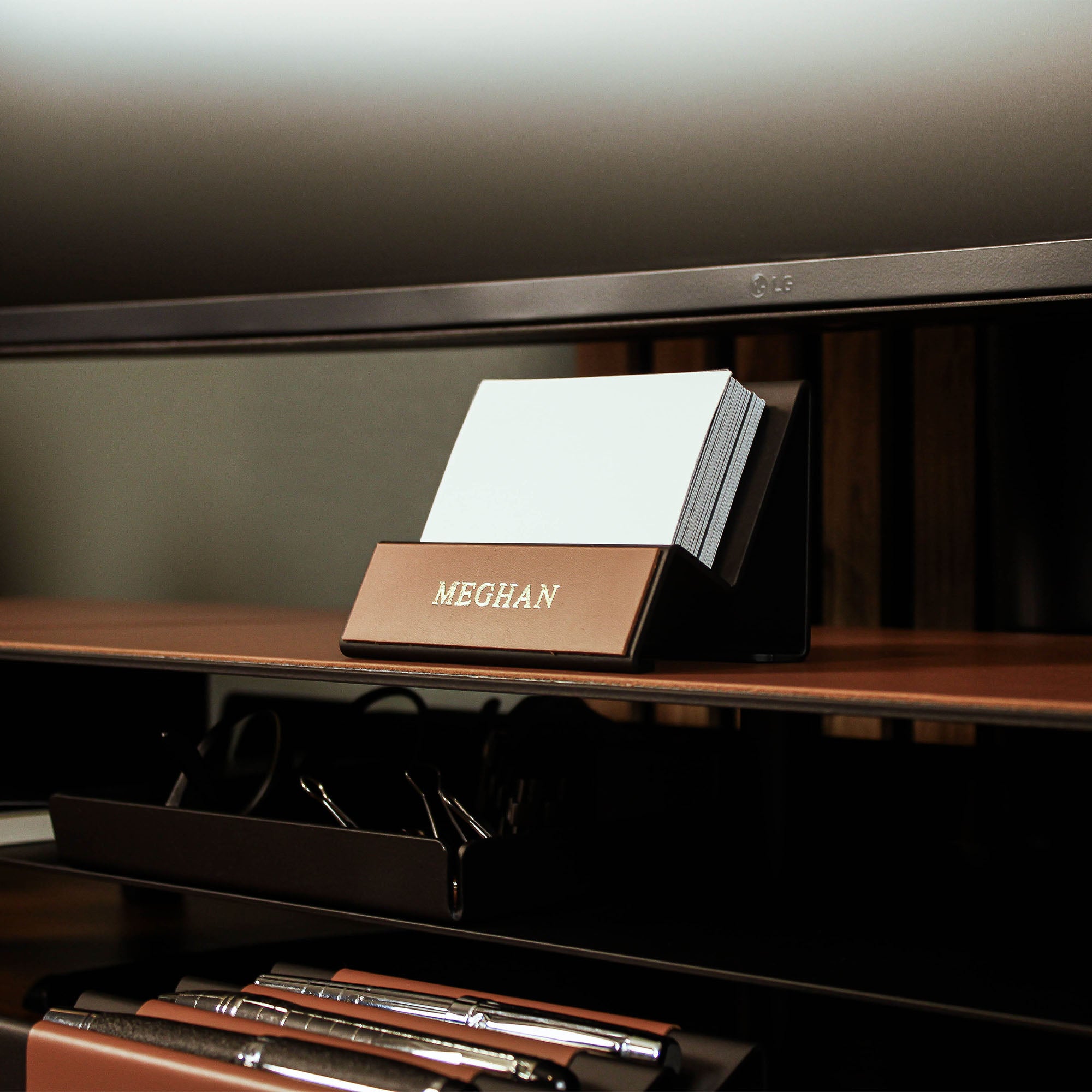 Office Business Card Holder with leather overlay 
