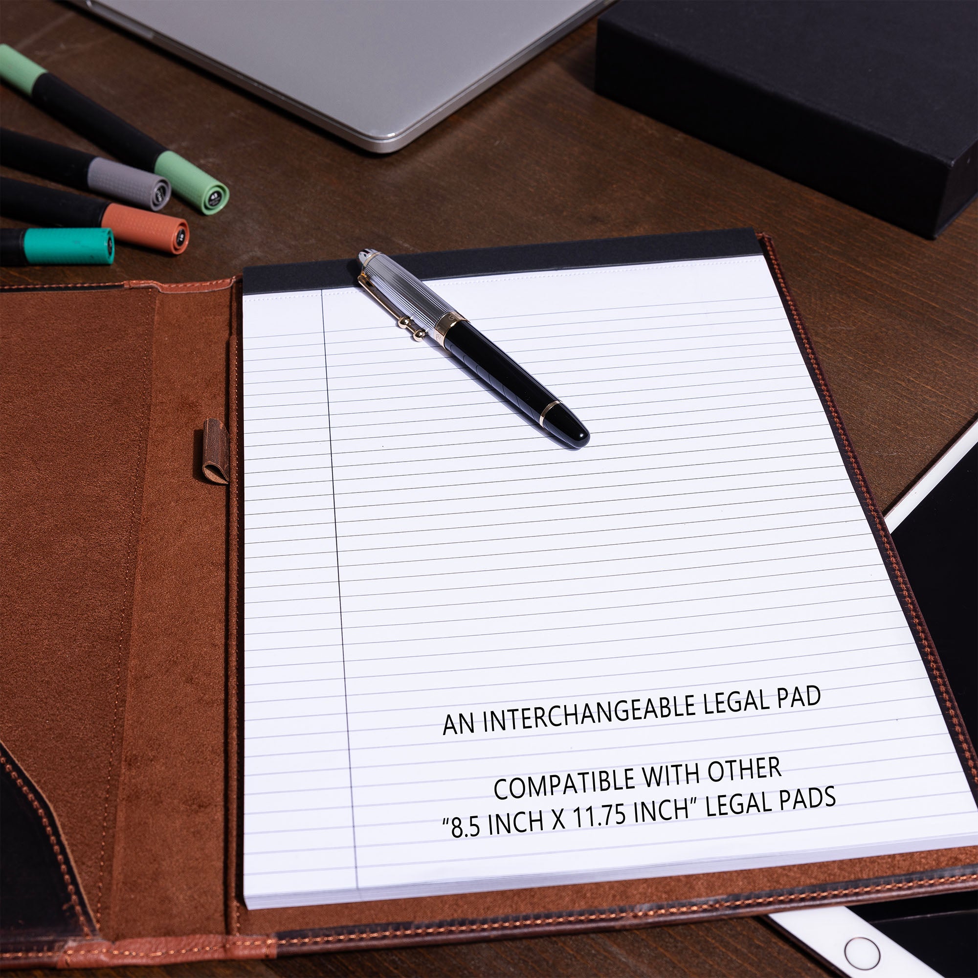 Distressed Brown Leather A4 padfolio features on the desk 