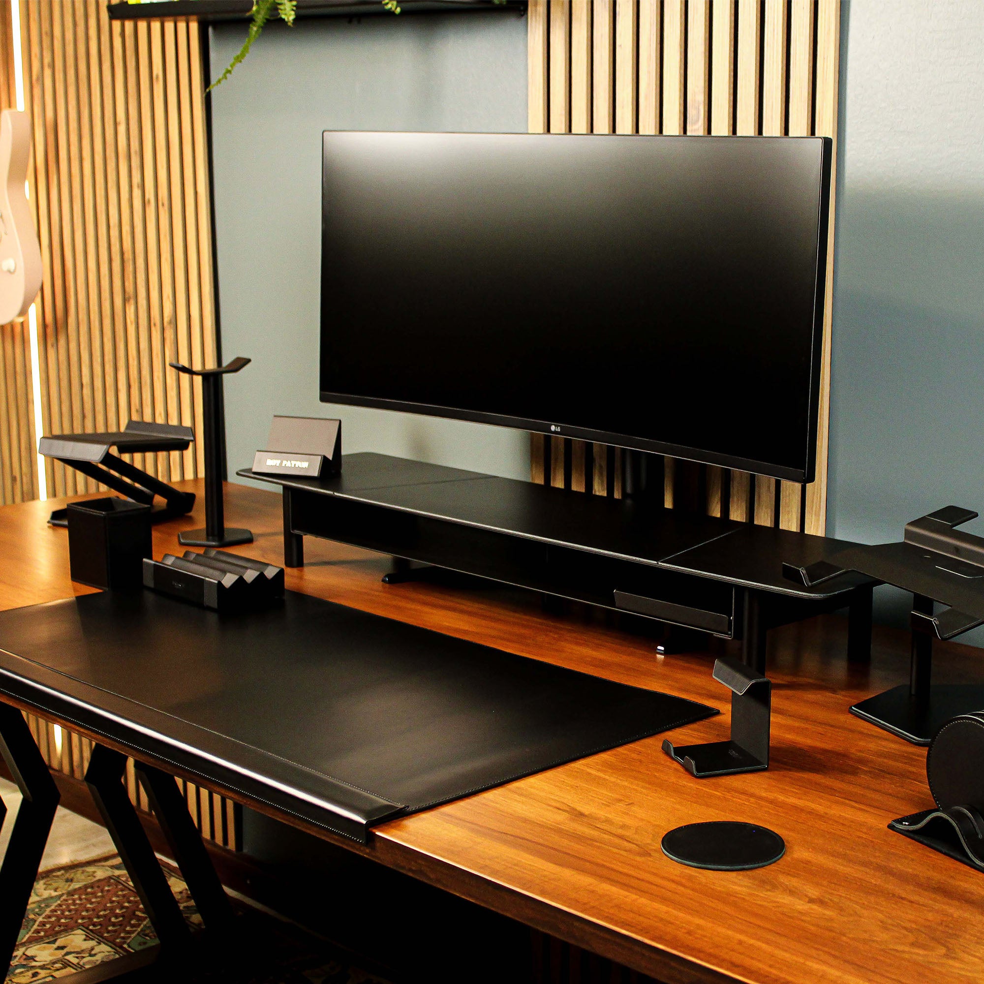 black leather desk mat with other desk accessories 