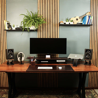 Lifestyle setup featuring the crazy-chestnut laptop riser with matching accessories 