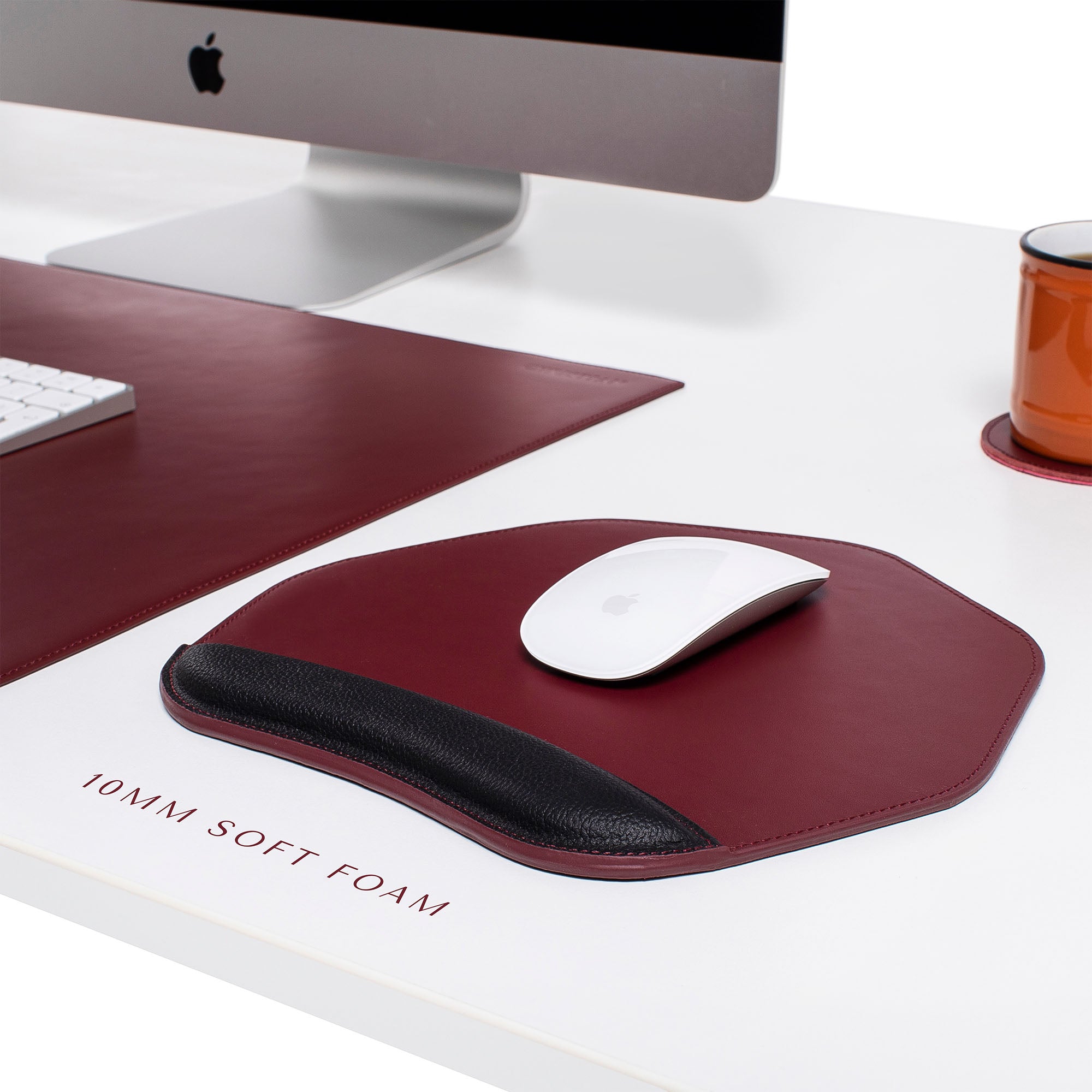 Red Mouse pad with wrist support under magic mouse 