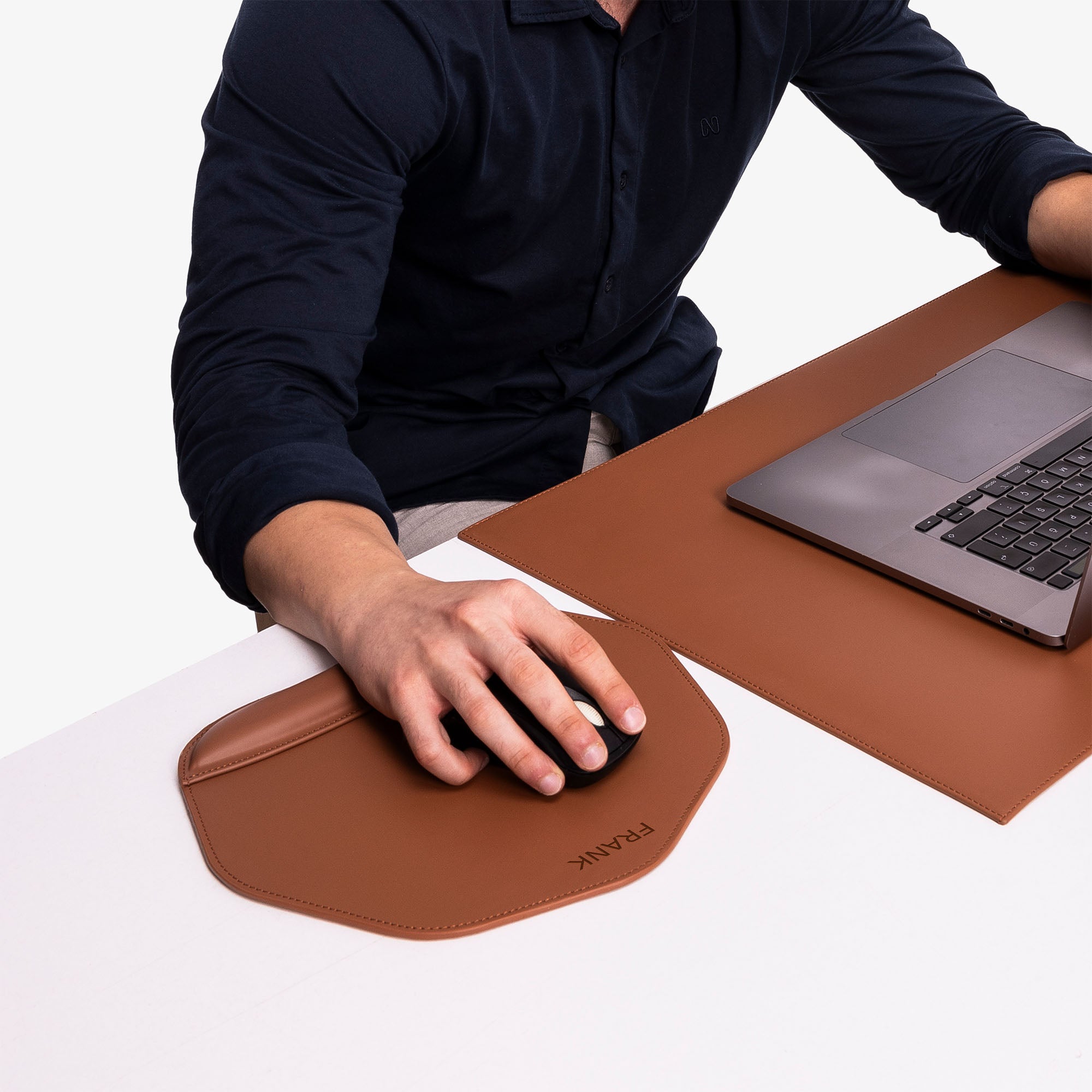 Human using Personalized Brown Mouse pad with wrist support under magic mouse #color_Chestnut