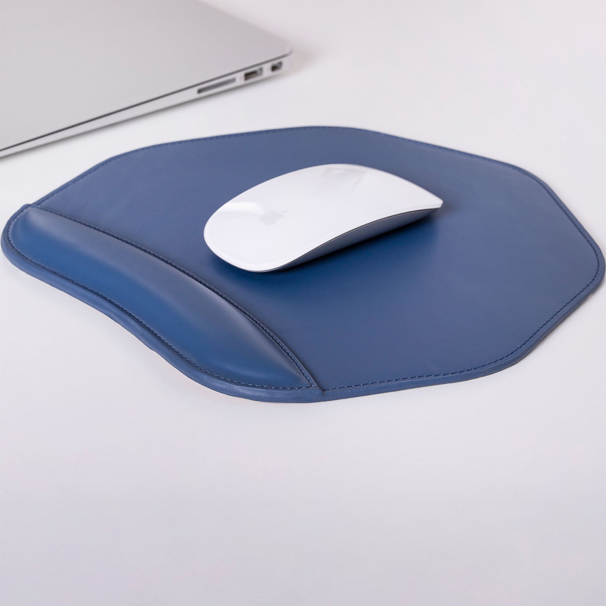 Custom blue Mouse pad with wrist support under magic mouse  