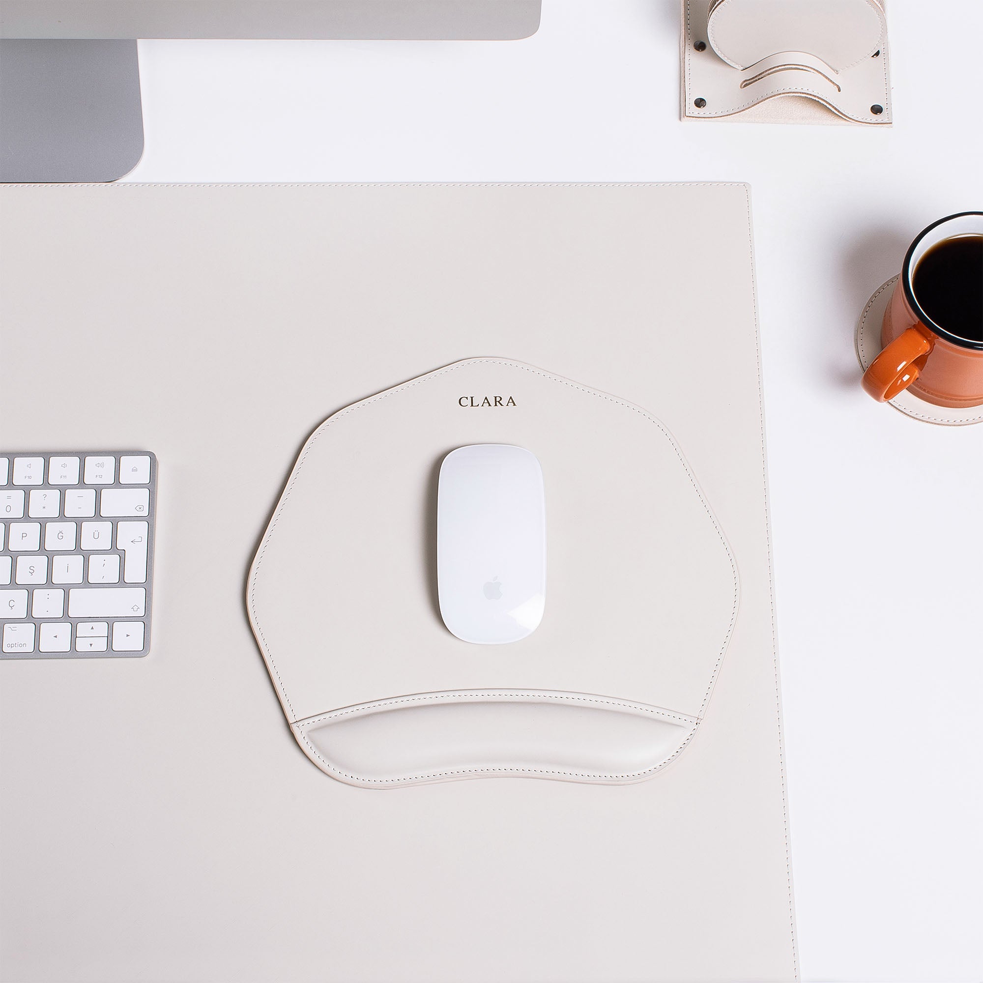 Custom white Mouse pad with wrist support under magic mouse  