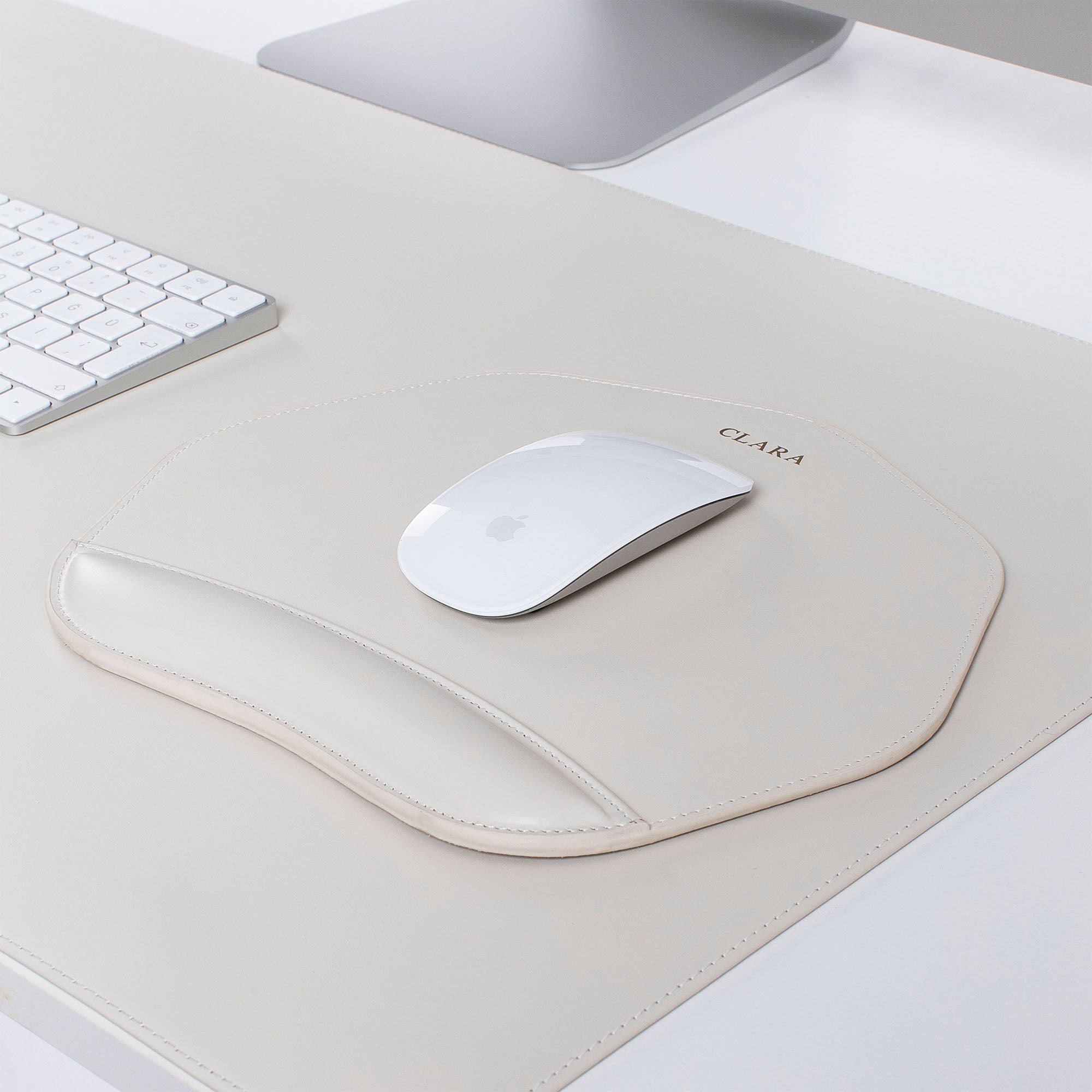 Personalized white Mouse pad with wrist support under magic mouse  