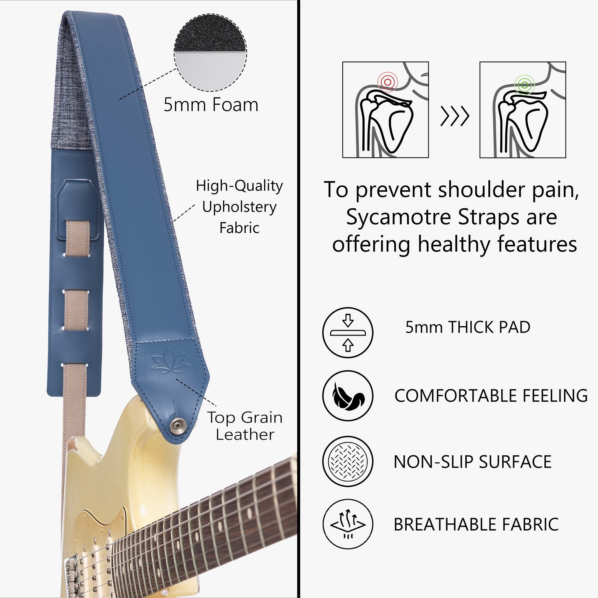 Blue Padded Leather guitar strap comfortable features 